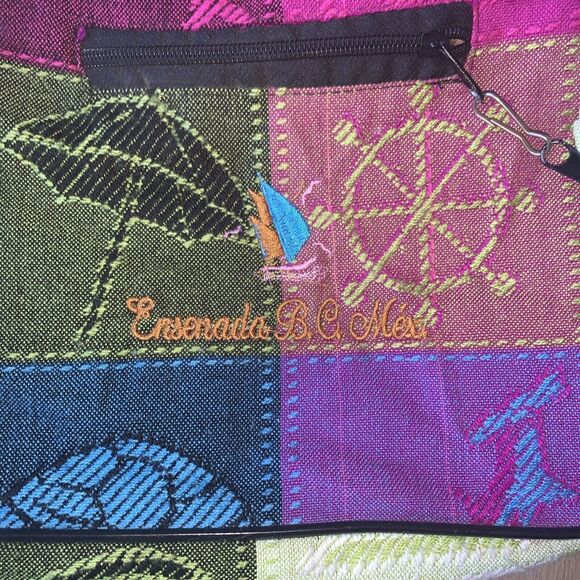 Womens Fabric Tote Bag Multi-Color Squares Zipper Shoulder Purse - Picture 4 of 7